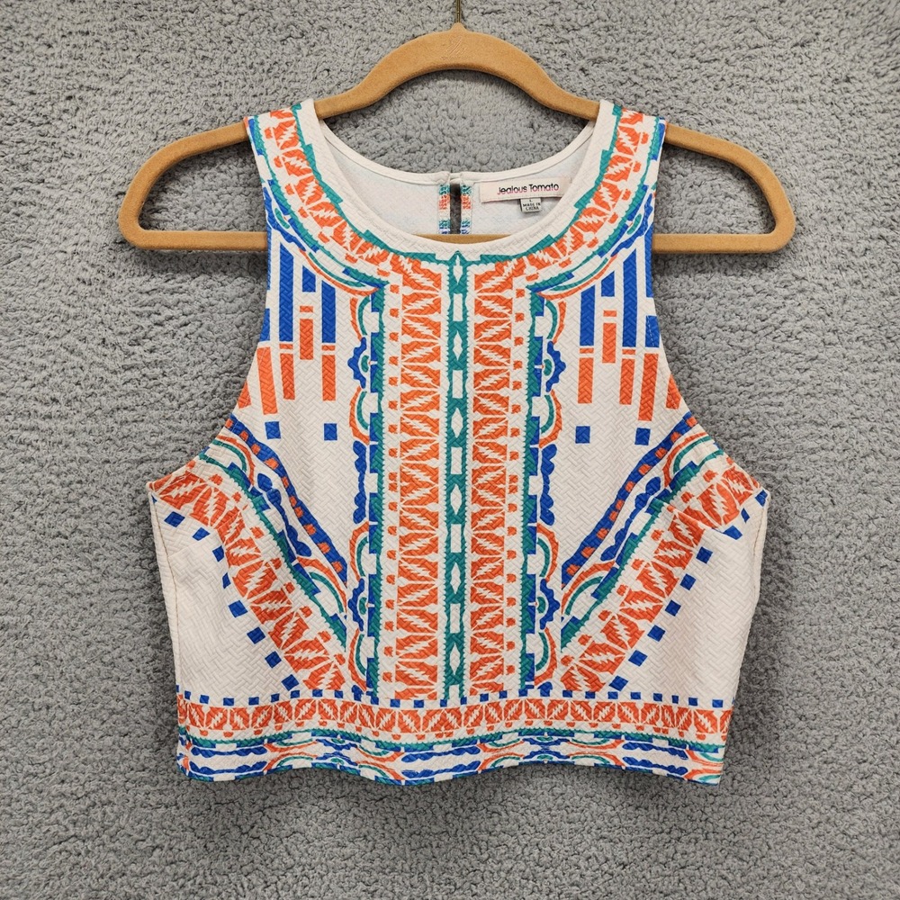 Jealous Tomato Womens Geometric Tribal Print‎ Crop Top Orange Blue White Large